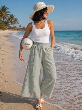 beachlunchlounge Sage Wide-Leg Linen-Blend Pants for Women